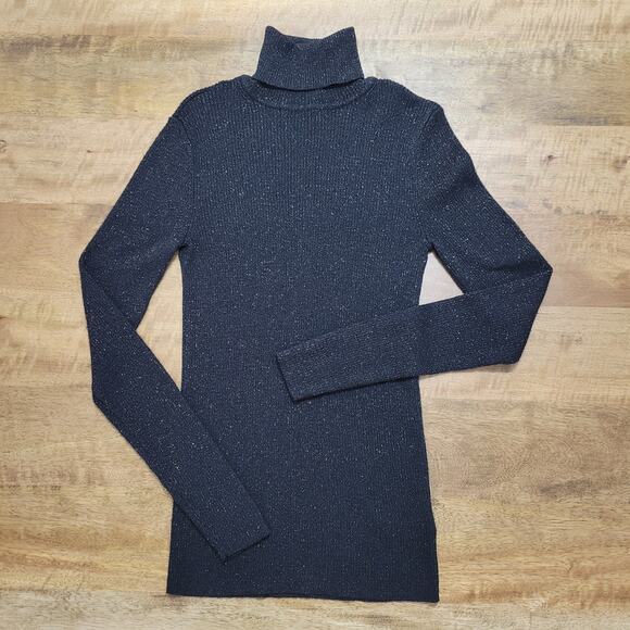 Express Turtleneck Sweater Womens Medium Black Metallic Ribbed Knit - Picture 2 of 7